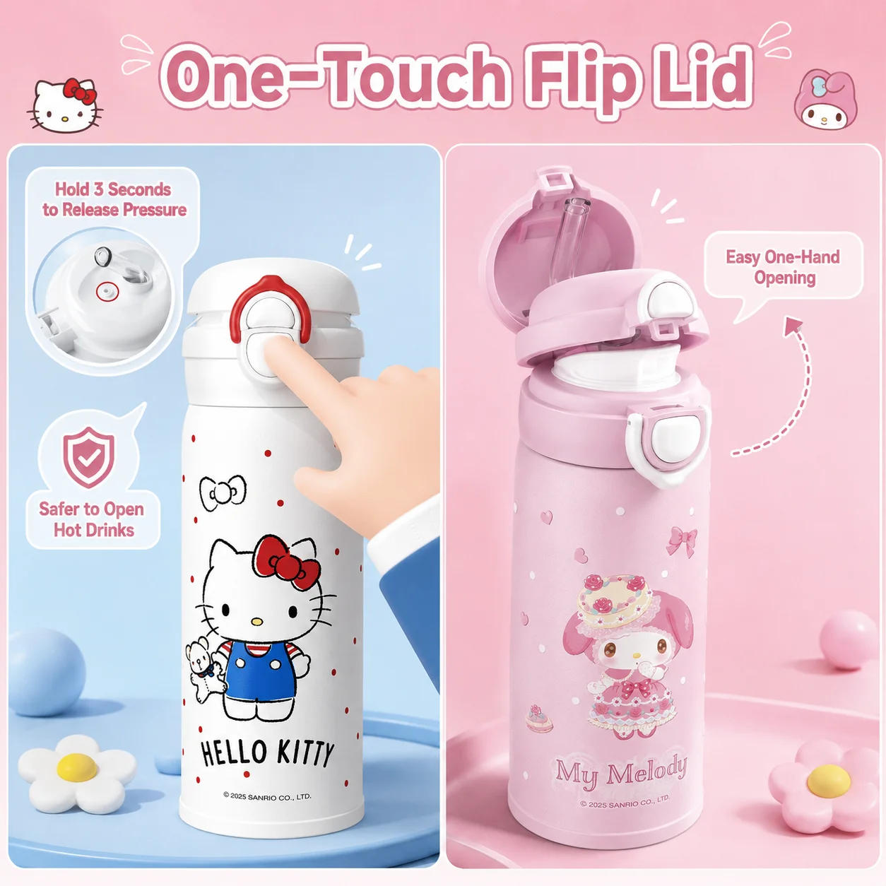 Sanrio 500ML Vacuum Flask SUS316 Stainless Steel Insulated Water Bottle One-Touch Lid 3 Drinking Ways Thermos Cup view 4