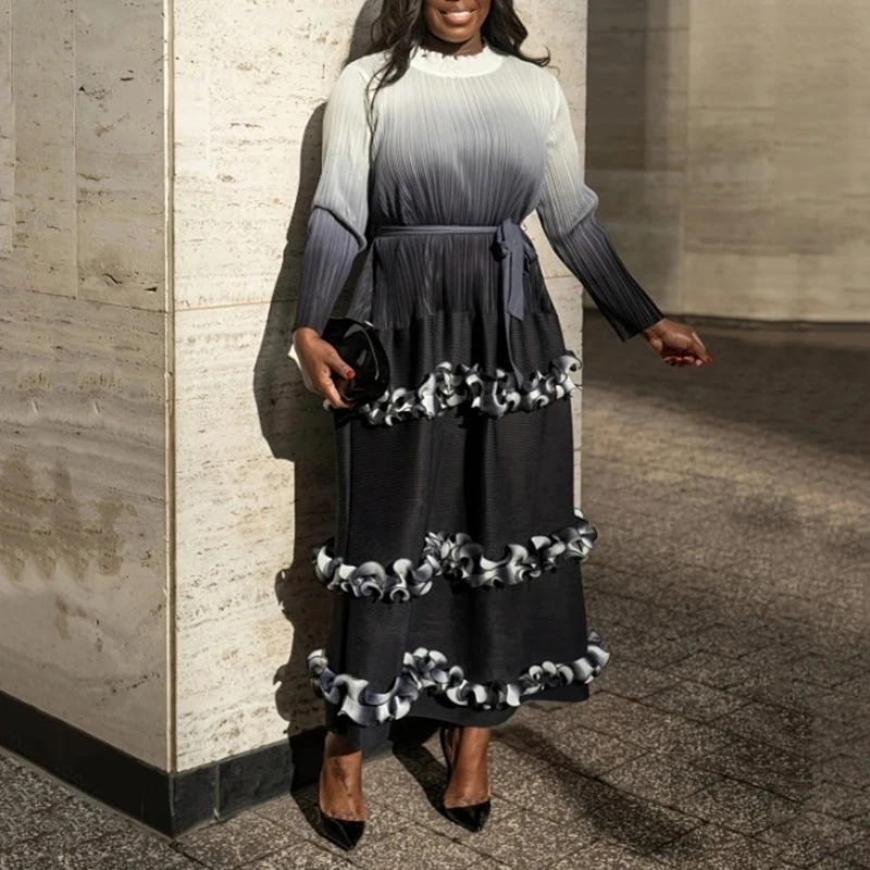 ALSEY 三宅 2025 夏の新ハイエンドグラデーションフリルプリーツドレス女性の伸縮性のあるルーズ長袖ネクタイプリーツ服