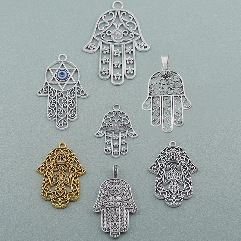 1 PC Antique Silver Color Hamsa Hand with Floral Pattern Charms Collection For DIY Pendant Necklace Jewelry Making