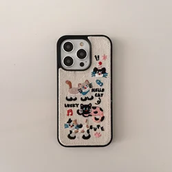 Korean INS Embroidery Kittten White Denim Cloth Cool Phone Case for iPhone 16 15 14 13 Pro Max Back Phone Cover for 12 Pro Capa