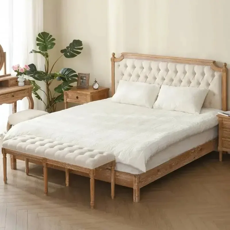 Princess Beige Large Double Bed Bedrooms Headboard Wooden Platform Double Bed Bedroom Hotel Luxury Cama De Casal Furniture Home