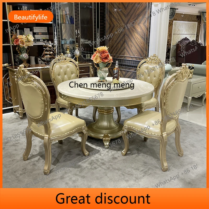 

M45 Solid wood round dining table European simple marble luxury carved dining room matching furniture