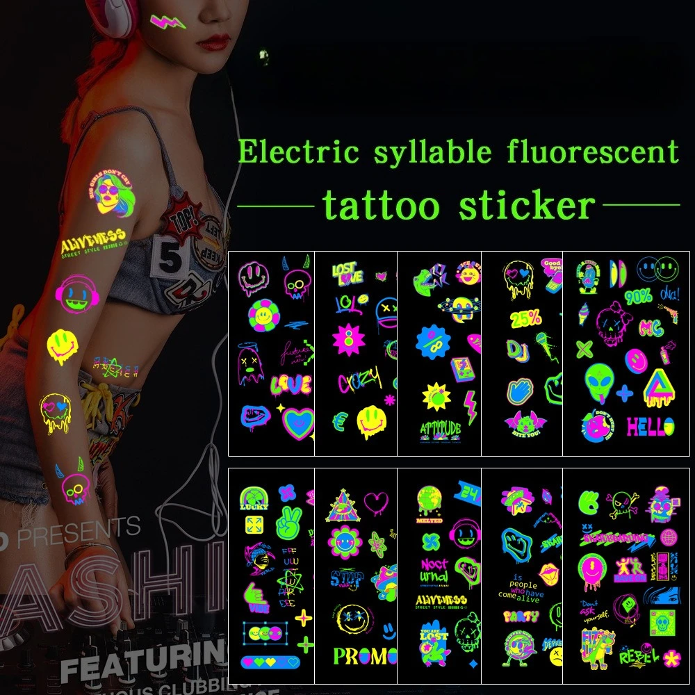 10Pcs Fluorescent Glowing Music Note Tattoo Stickers, Cool Luminous Body Decals for EDM Festival Club Party