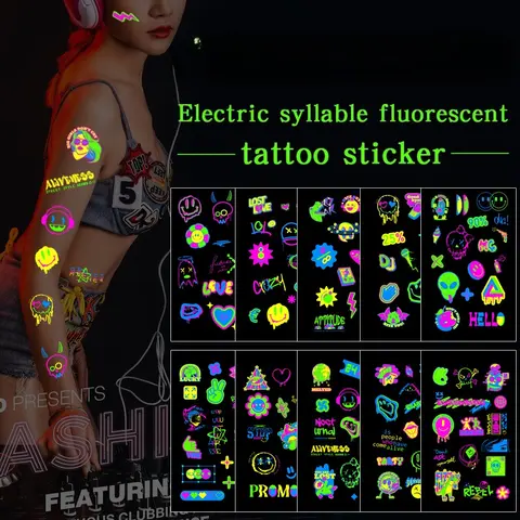 10Pcs Fluorescent Glowing Music Note Tattoo Stickers, Cool Luminous Body Decals for EDM Festival Club Party