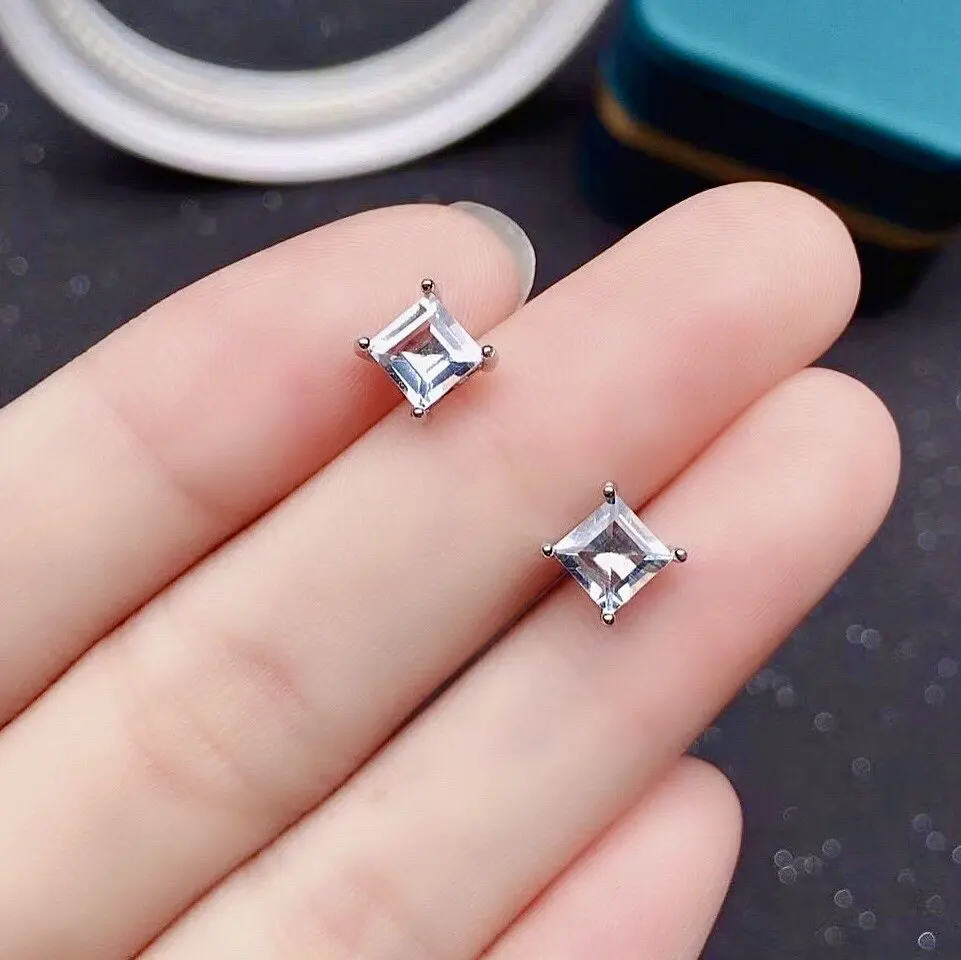 Light Blue Aquamarine Earrings  for Office Woman Solid 925 Silver 5mm*5mm 1ct Natural Aquamarine Earrings Gift for Wife