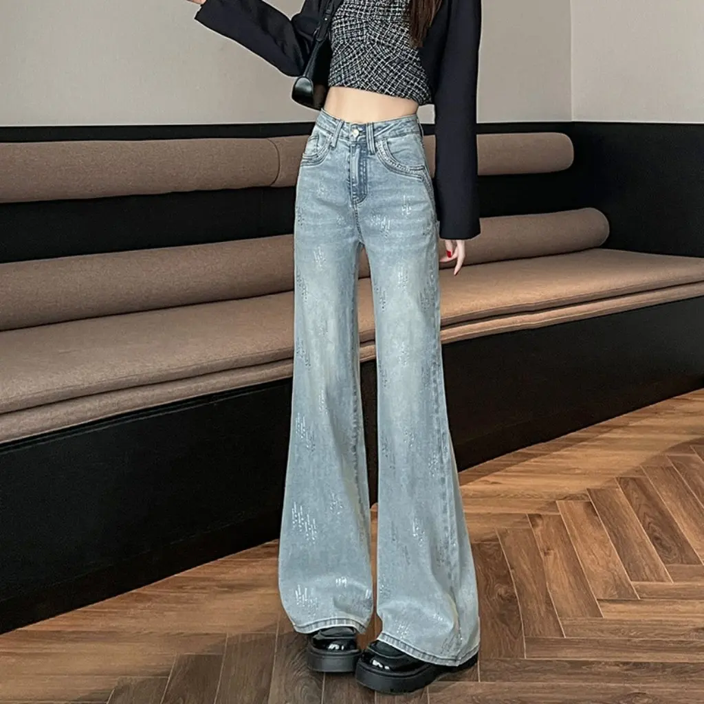 

Fashionable All-match High Waist Wide Leg Rhinestone Jeans Women's Slimming Trousers Diamond Detail Loose Fit Spice Girl Style