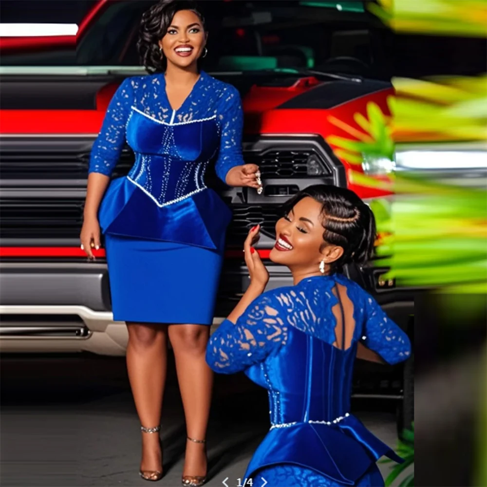 

Королевское синее короткое платье для выпускного вечера с v-образным вырезом и длинными рукавами, вечернее платье выше колена, женское вечернее платье Aso Ebi