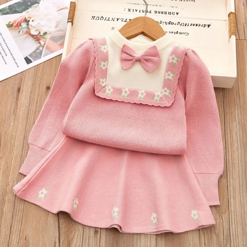 Girls Suits Long Sleeve Kids Sweaters Bow Kids Wear Knitted Pullover Top Skirt Clothing Suit for Children Baby Girl Sets 2-6Yrs