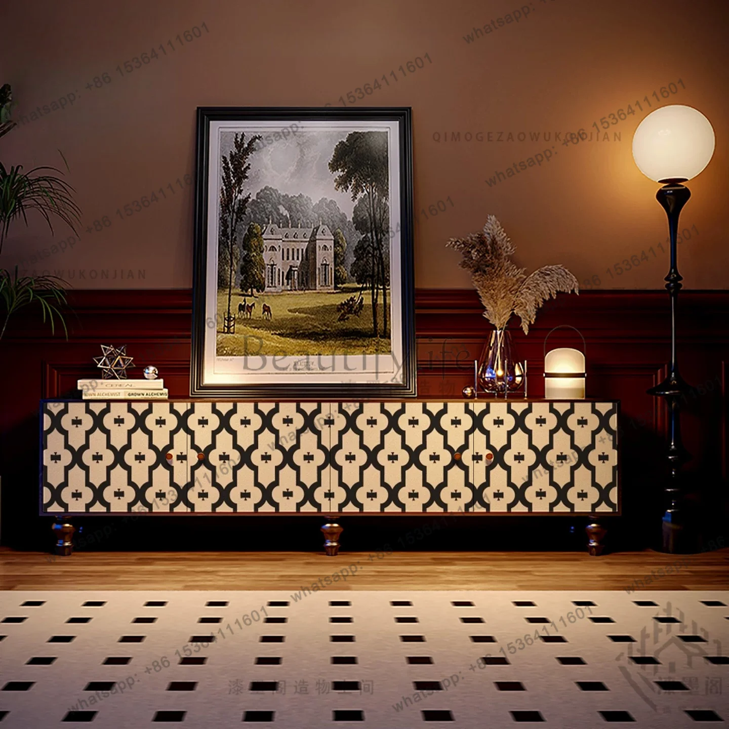 FG French antique retro spike flower diagram solid wood TV cabinet living room storage cabinet
