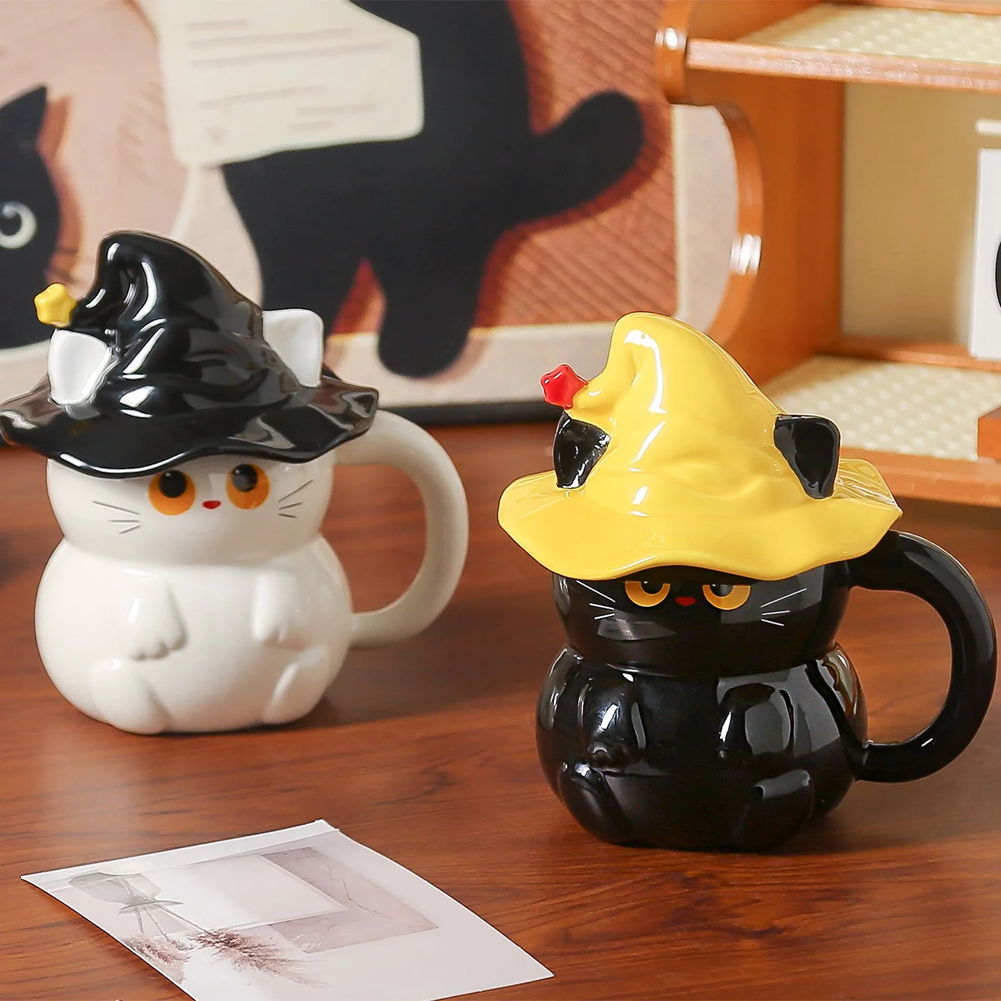 

450ml Dreamy Ghost Cat Pattern Ceramic Mug with Lid Cartoon Anime Couple Cup Cute Unisex Drinkware Holiday Festival Gift