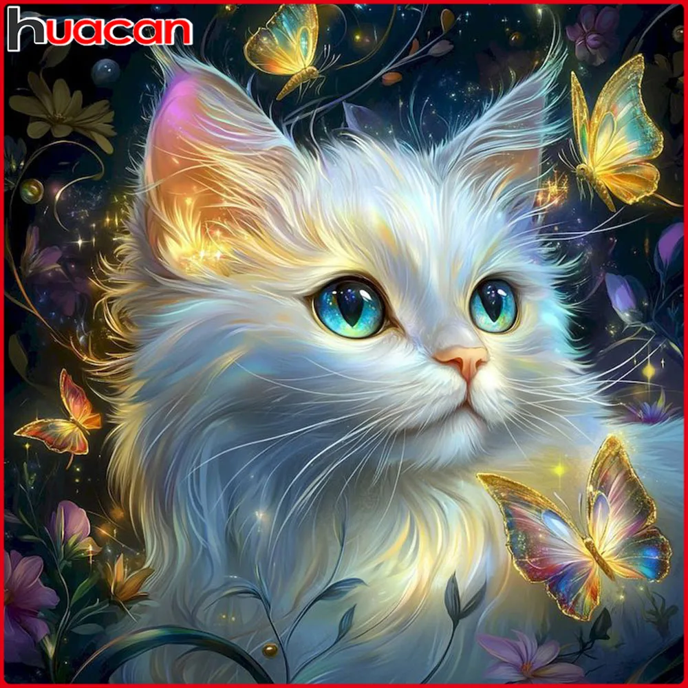 Huacan Volldiamantgemälde Katze Schmetterling Diamant Mosaik Tier Blume Komplettset Bild von Strasssteinen