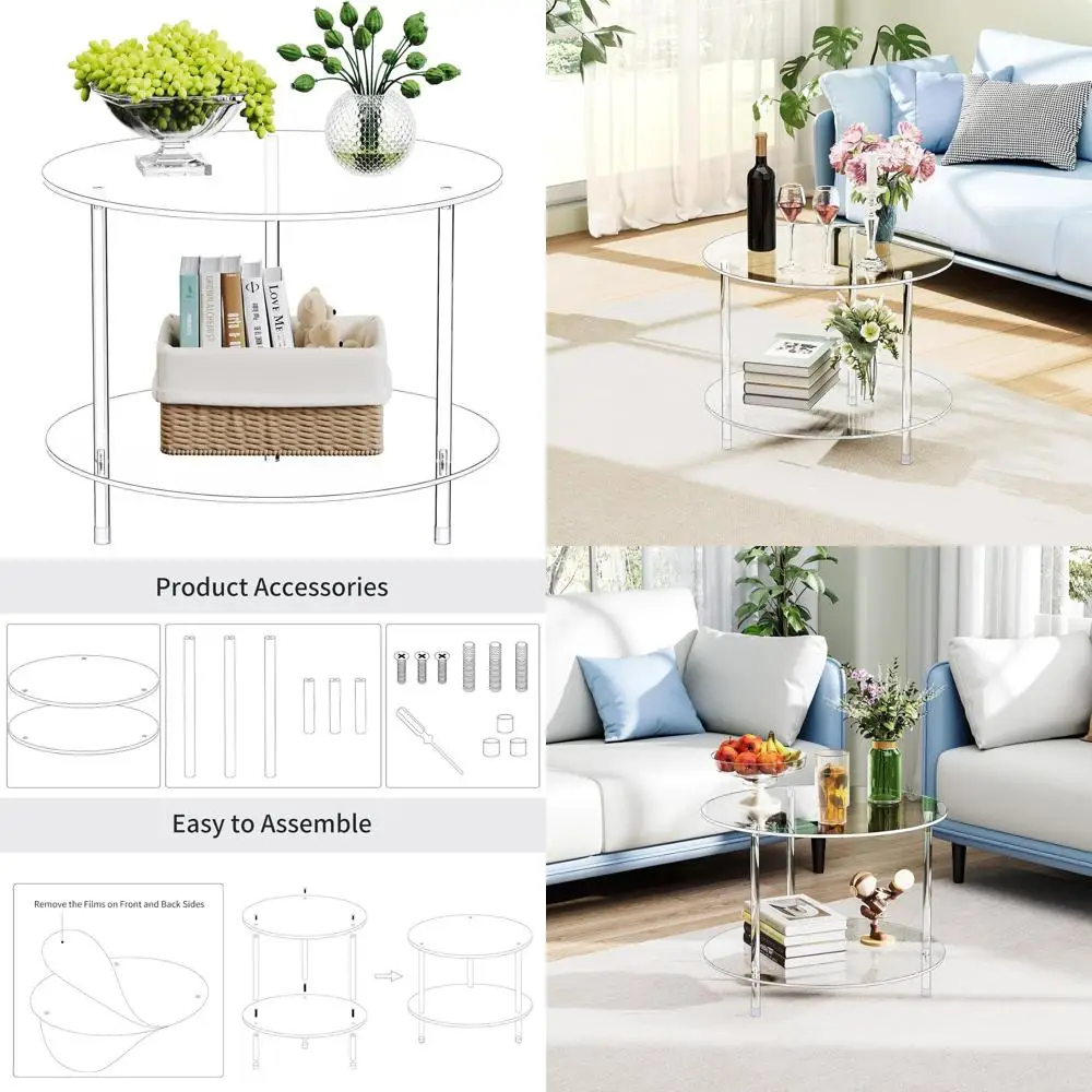 

Modern Lucite Coffee Table with Storage, 23.6 x 23.6 x 18.4, 2-Tier Clear Acrylic Side Table for Living Room