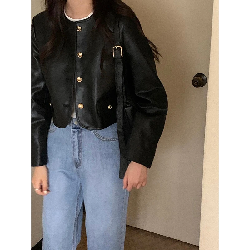 Y2K Black Pu Leather Jacket Women Streetwear Cropped Motorcycle Coat Bf Vintage Korean O Neck Casual Chic Short Outwear Tops New