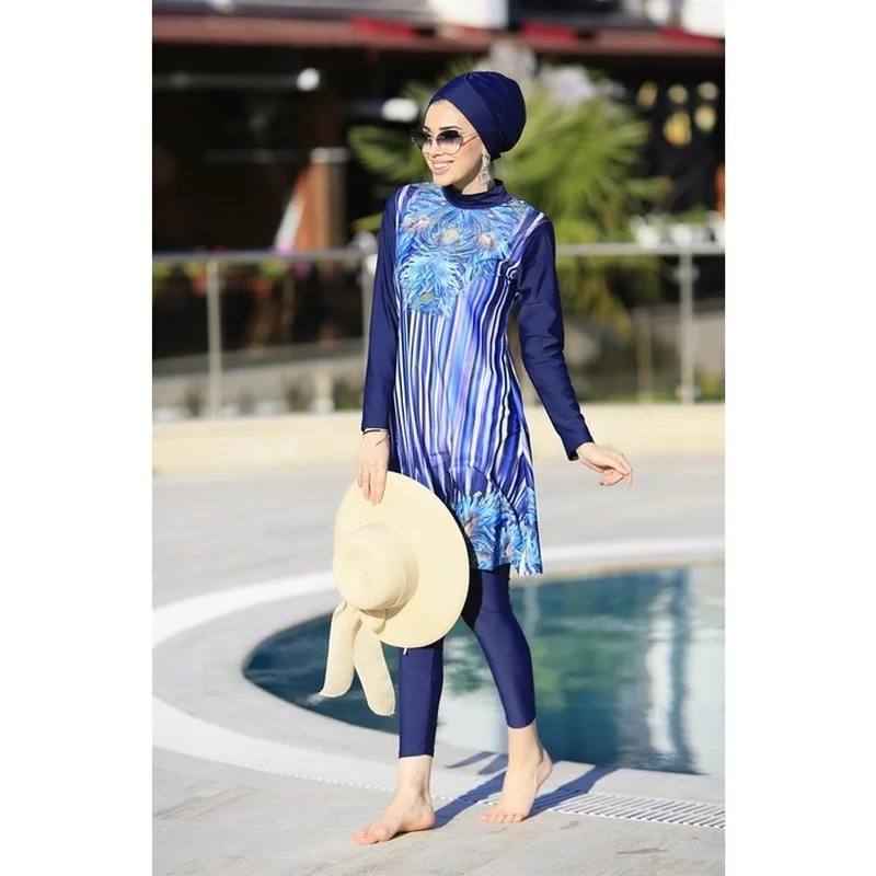 Women Muslim Swimwears Long Sleeves Sport swimming Togs Printed Stretch Full Cover Hijab 4pcs lslamic Burkinis Wear Bathing Suit