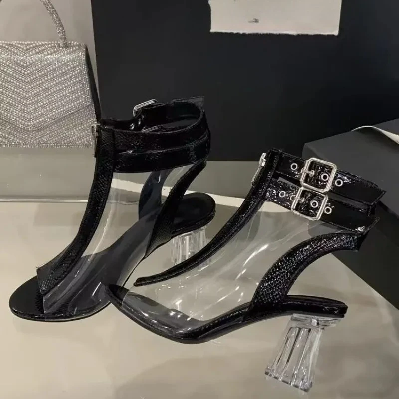 Crystal Heel Zip Sandals Summer New Round Toe Open Toe Colorblock Metal Belt Buckle Anti-Slip Wear-Resistant High Heels view 4