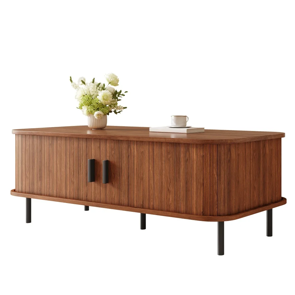 Tavolino da salotto con ante scorrevoli, tavolo rettangolare per soggiorno con vano contenitore, design moderno con finitura a lamelle verticali, tavolino d'appoggio, per il soggiorno