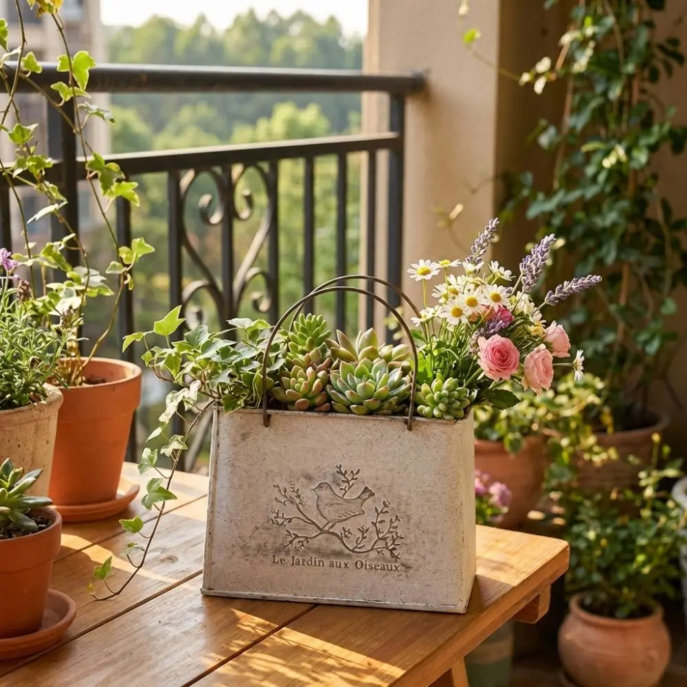 Vintage Distressed Handbag Flower Pot Flower Vase Wear-resistant Iron Art Vase Plant Bucket Decorative Pot Metal Flower Basket