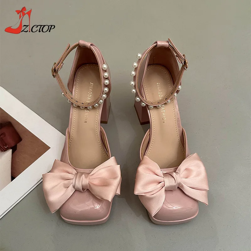 Pink Bowknot High Heels Platform Pumps Women 2024 Summer Fashion Sweet Square Toe Chunky Sandals Party Wedding Shoes Ladies