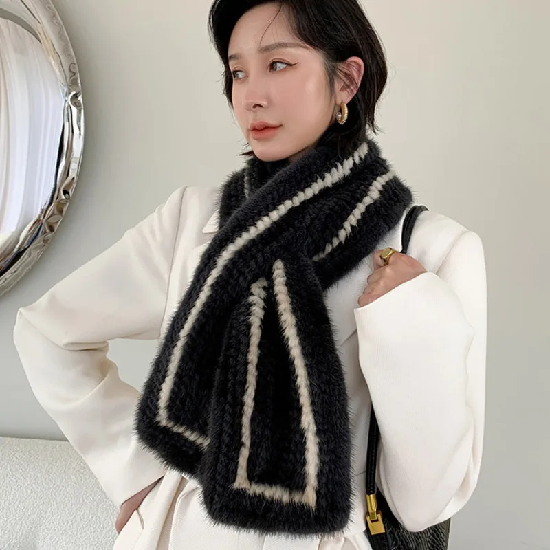 

Winter New Mink Fur Woven Scarf Women Fashion Fur Neck Warmer Genuine Mink Fur Scarf Shawl Fashion Thick Warm Fur collar Scarves