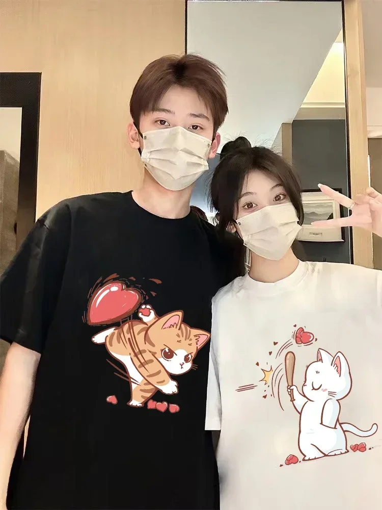 Interesting Cat Love Print T-shirts for Couple Matching Stuff Women Casual Short Sleeve Tshirt Top Women Clothes Graphic