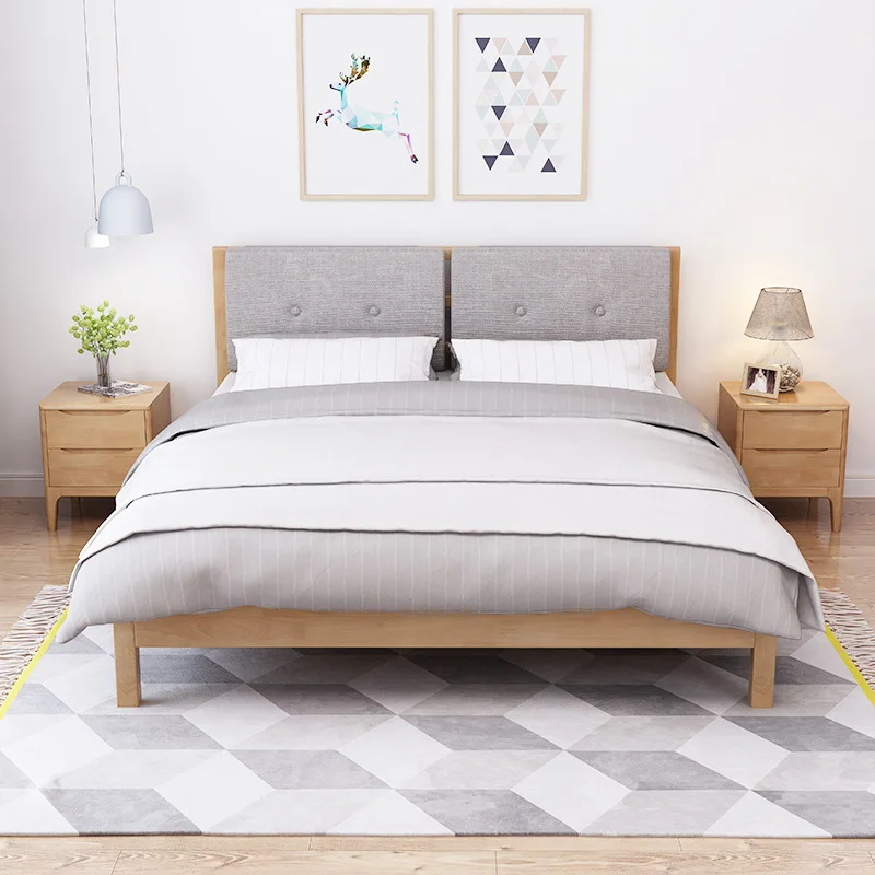 Nordic solid wood bed factory direct sales double bed 1.5m 1.8m upholstered backrest queen bed economy master bedroom furniture