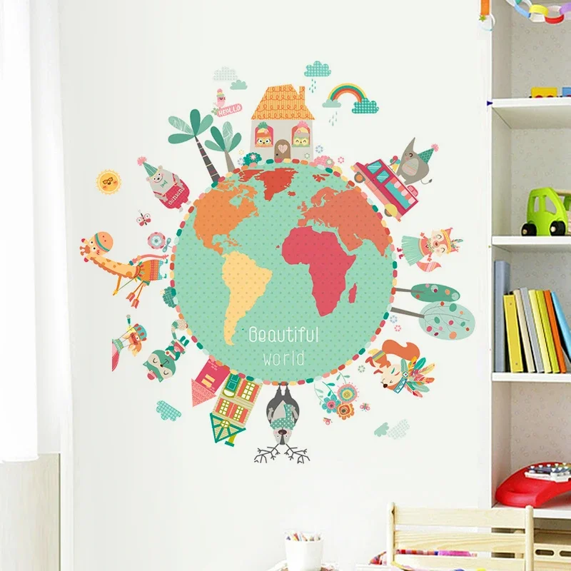 Cartoon creative earth stickers living room wall decor home decor wall sticker kids room decoration cute animal self-adhesive