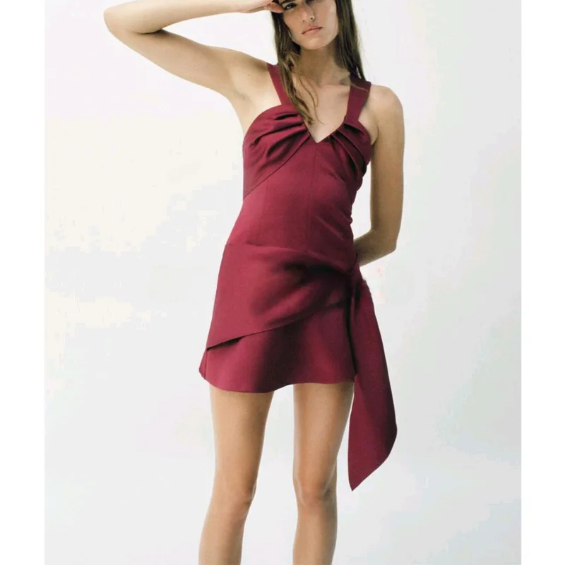 Fall New Women's V-ne Wide oulder Strap Pleated Waist Detail  Dr Retro Sle A-line Skirt Svel Slim Fit Dr