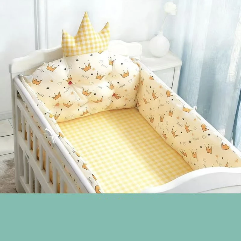 100% Cotton Crib Bed Linen Kit,Crown Design Baby Crib Bedding Set,Baby Bedding Set Includes Bumpers+Pillow+Quilt+Mattress cover