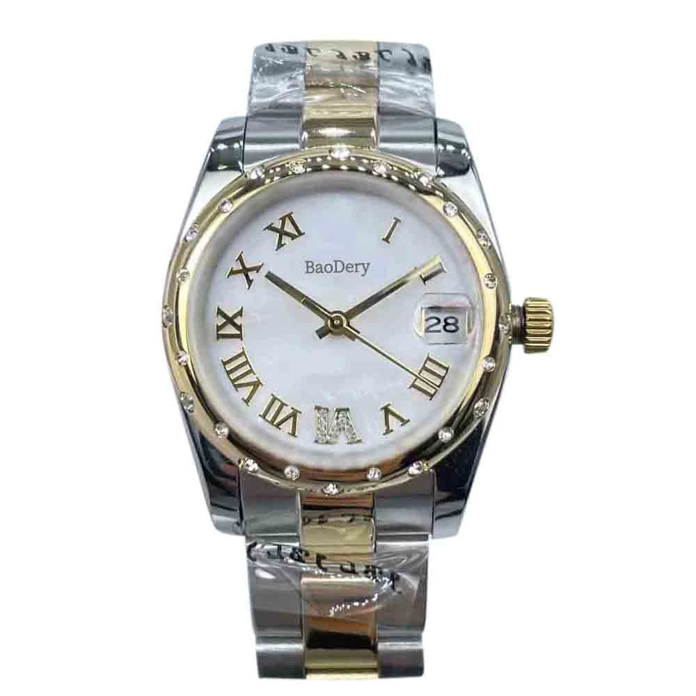 Montre élégante avec chiffres romains 3D pour femme, lunette dorée, 31mm, meilleur cadeau pour femme