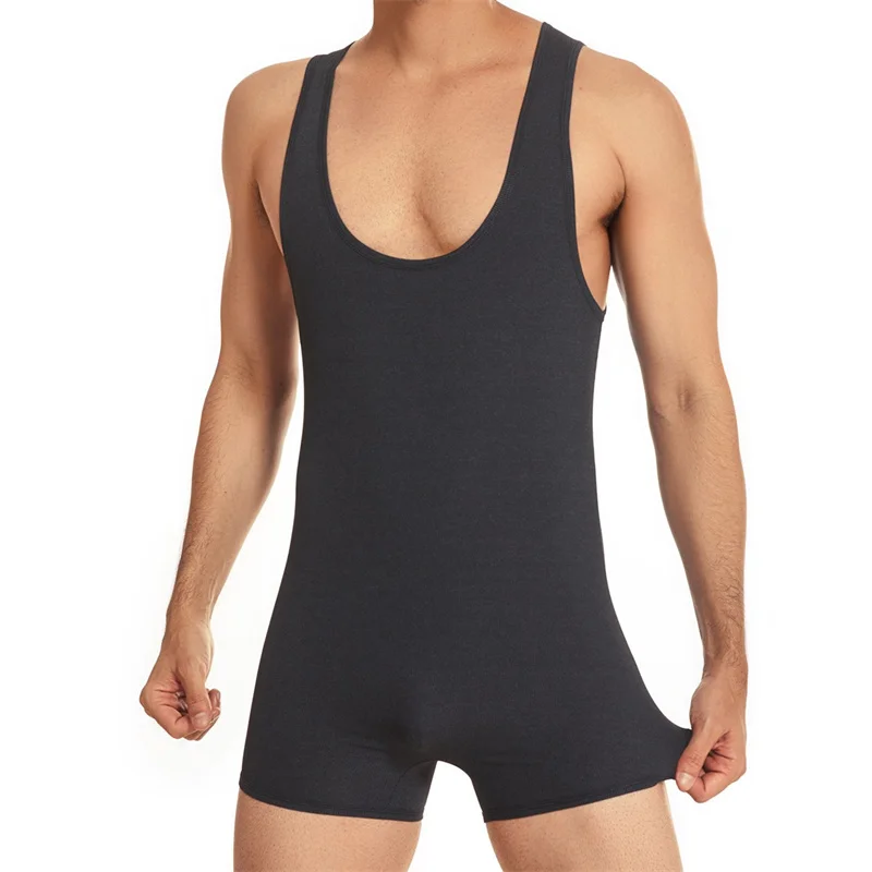 Men Undershirts Bodysuit Tight-fitting High-elastic Sports Wrestling Jumpsuits Gymnastics Nylon Deep Round Neck Undershirts