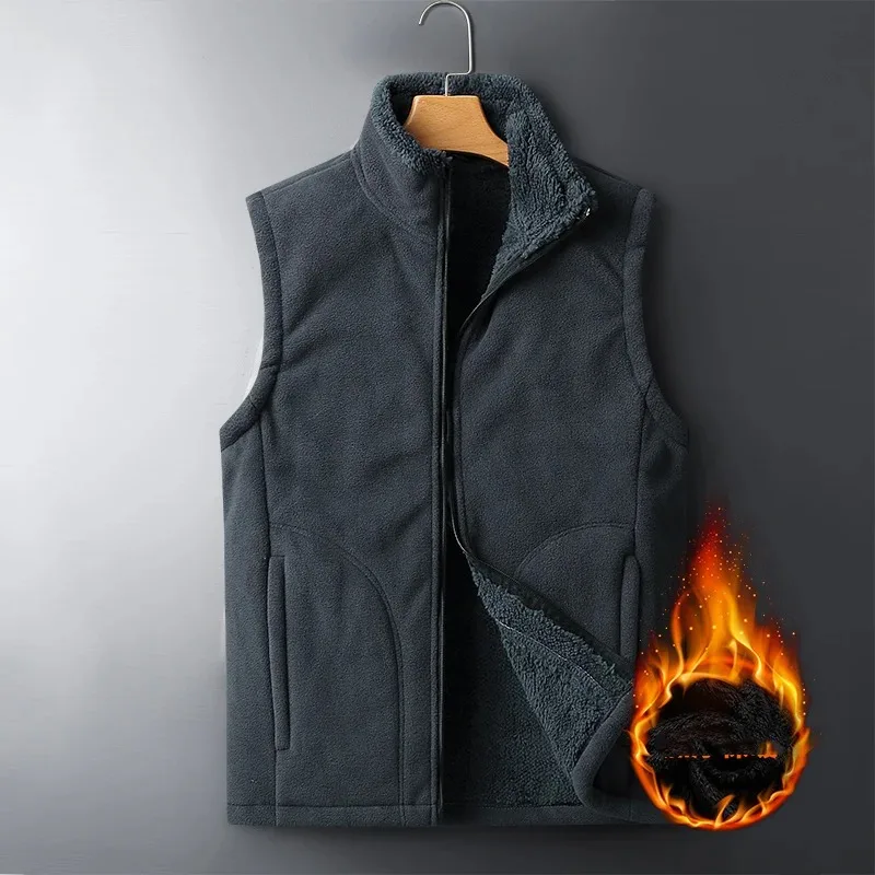 

Men's Autumn Winter Cardigan Solid Flocking Plush Thick Zipper Pockets Sleeveless Vests Coats Vintage Fashion Casual Loose Tops