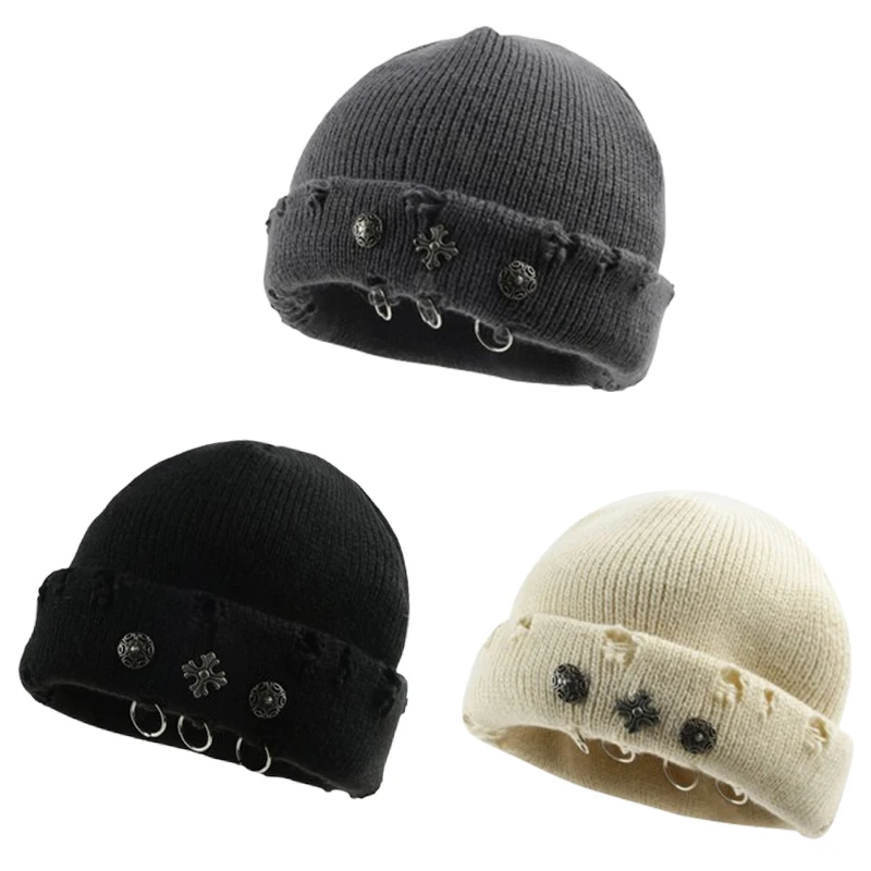

Fashionable Ladies Winter Warm Knitted Caps Metal Retro Cross Ring Buckled Hat Cool Pure Street Hip Hop Hats Men Women Cold Hats