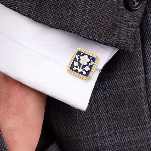 Funny Blue Flower Parttern Copper Cufflinks High-end Golden Mens Grooms Square Brass Cuff Button