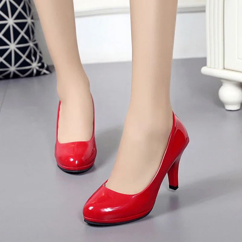 Work Shoes Round Head Patent Leather Waterproof Platform Single Shoe Stiletto High Heels Ladies Fashion Pumps Charm Womens Shoes