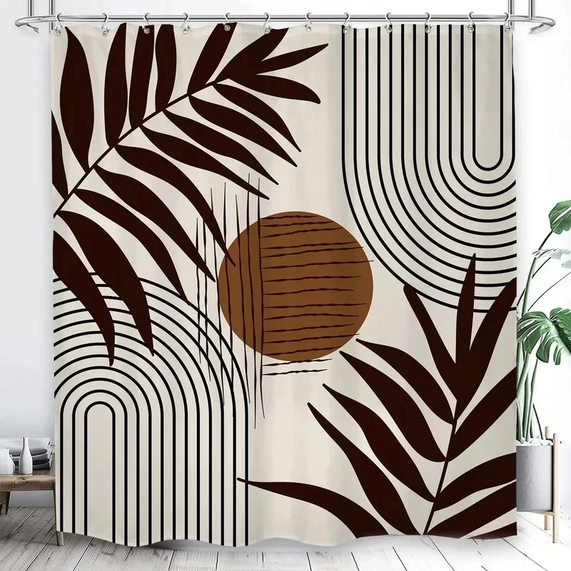 VIKAMA Boho Tropical Leaf Shower Curtain, Abstract Sun Arch Line Art Print Polyester Waterproof Bathroom Partition Curtain