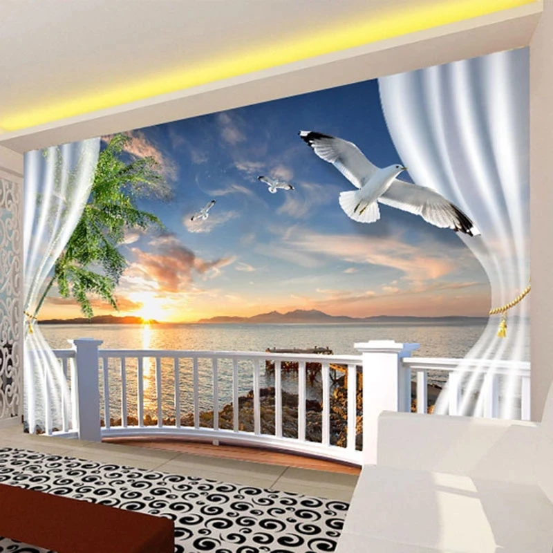 Custom Photo 3D Balcony Curtains Sunset Seascape Mural Self Adhesive Wallpaper Living room sofa TV background bedroom restaurant