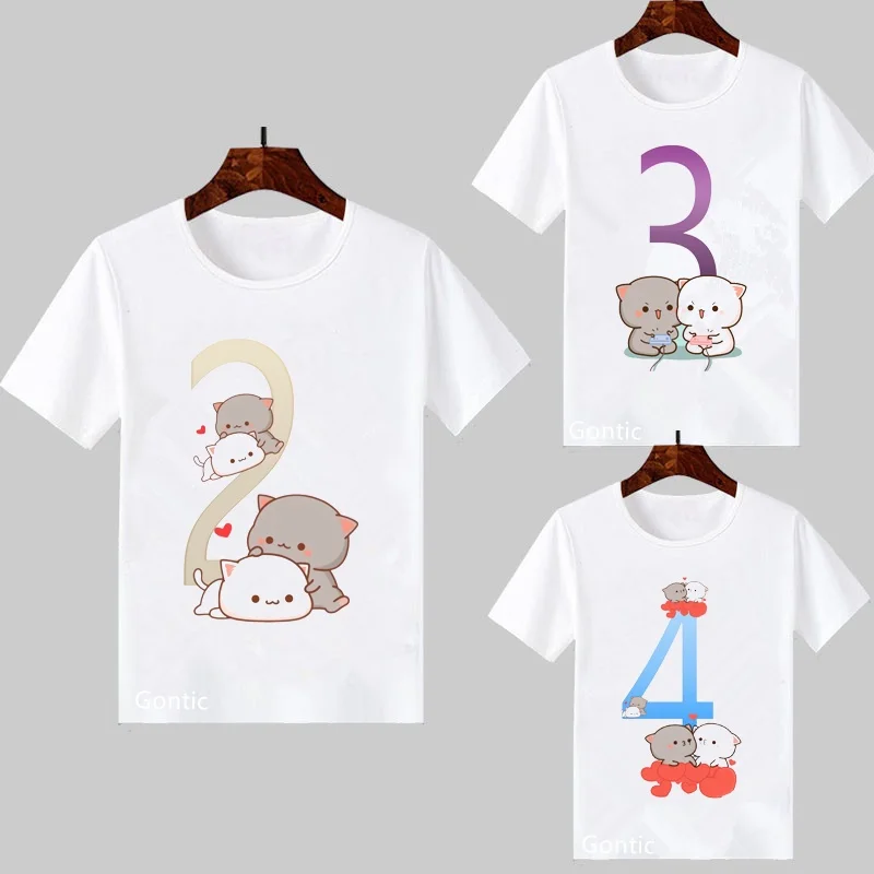 

Cartoon Peach And Goma Cute Cats Print 2-9 Yrs Baby Boys Girls Birthday Gift Short Sleeve Graphic Tees Children's T-shirts White