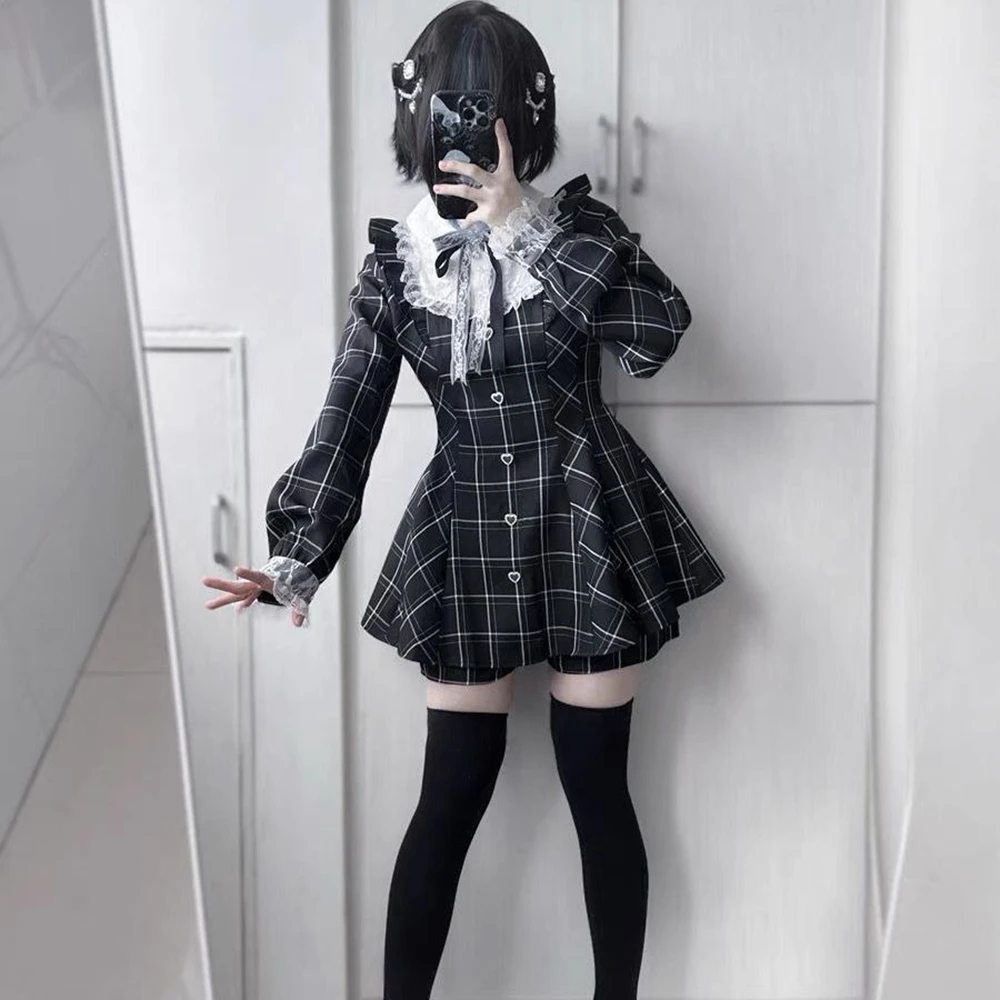Damen Lolita Kawaii Süßes Spitzen-Patchwork-Karokleid Feenhaftes Grunge Rüschenkleid mit Langen Ärmeln Y2k Ästhetik Lolita Vestidos