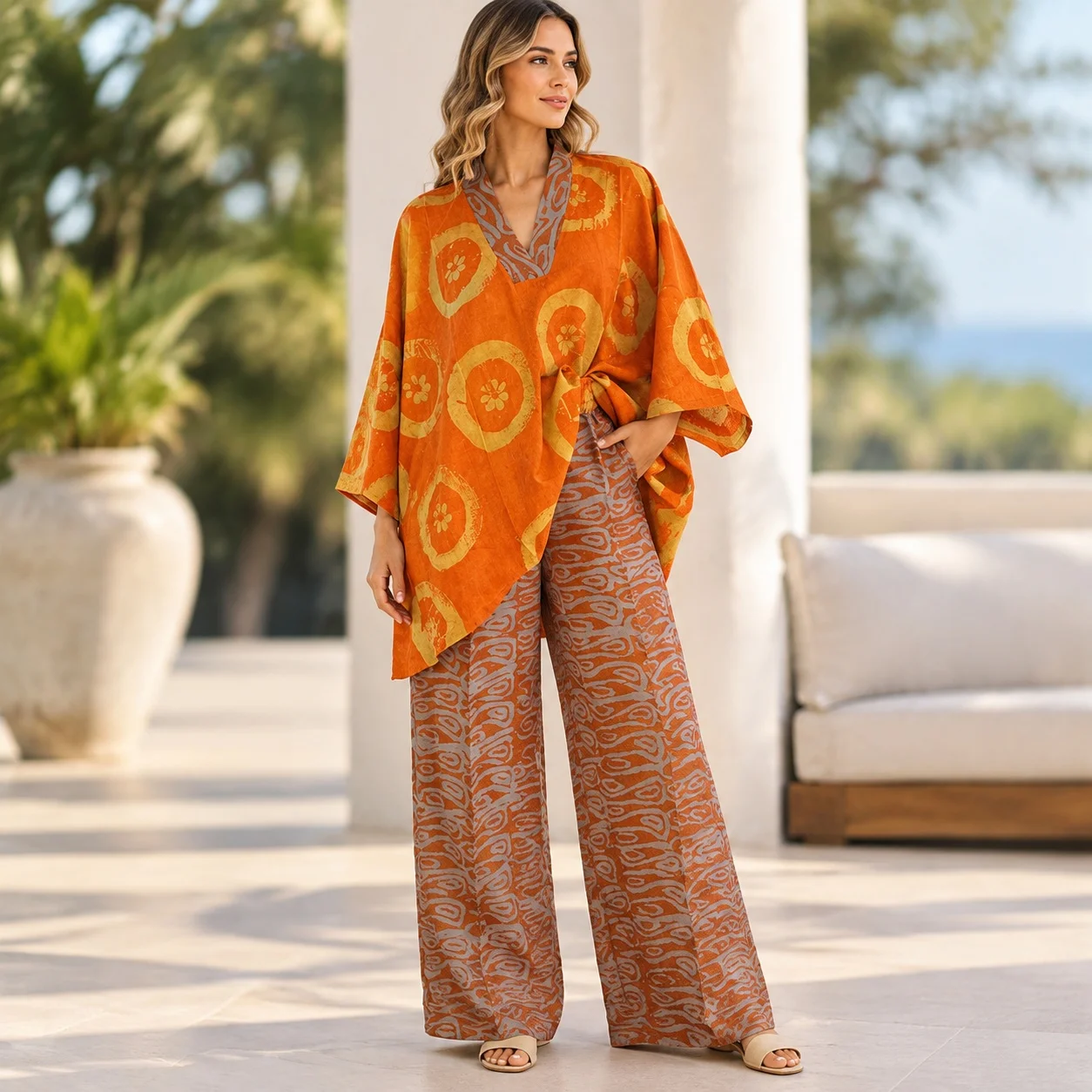 Printed Set with Abstract Pattern Batwing Sleeve Long Sleeve Shirt Style Full Length Sweet Fresh Long Pants Women Sets Summer