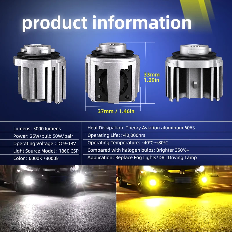 2pcs Car LED Fog Light Bulbs DRL Lamp Dual Color White Yellow With Fan For Toyota Land Cruiser 300 2021 2022 2023 ランドクルーザー 300