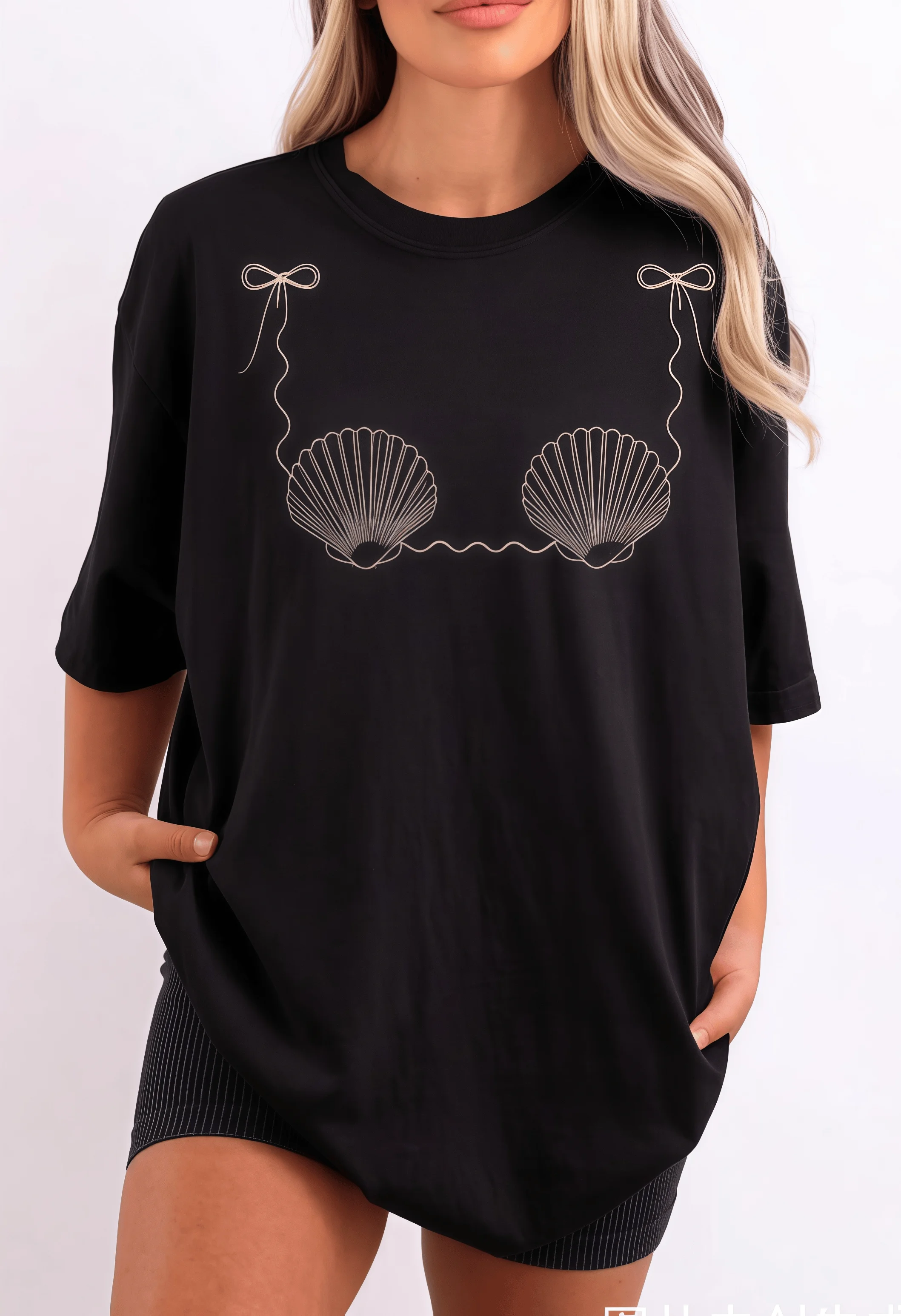 Sweet Shell Bow Simple Drawing Printed Cotton T-shirt Large Loose Seaside Vacation Funny Cover Meat Casual Short Sleeve