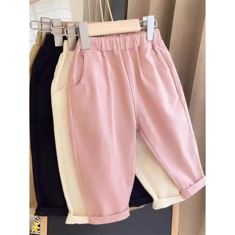 

Girls' Solid Color Loose Casual All-Match Flanging Trousers Wide-Leg Overalls Spring Medium and Small Women's Clothing Children'