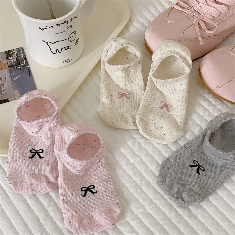 Dotted Yarn Bow Invisible Low Cut Shoe Insoles Women Summer Thin Simple Cotton Non Slip Heel Stay Hidden Liner Foot Pads