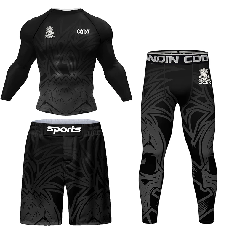 Skull Jiu jitsu Rush Guard MMA Compression T-Shirt+Leggings Sets Bjj Gi Boxing Rashguard Men\'s Grappling Kickboxing Jerseys