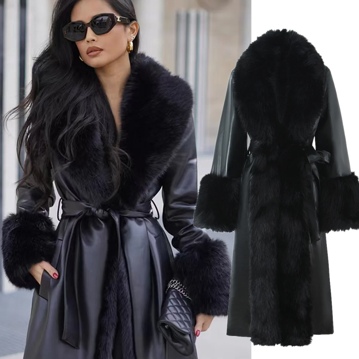

Зимнее винтажное пальто Jenny&Dave 2026, элегантное черное пальто-тренч с мехом, длинная женская куртка, верхняя одежда для женщин