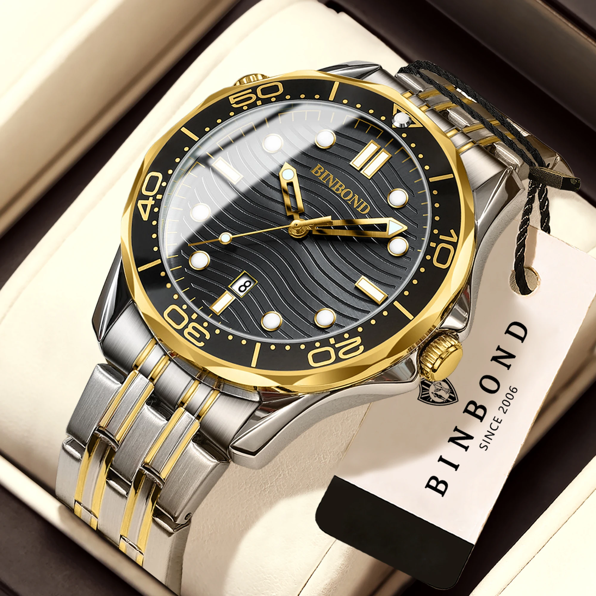 BINBOND Wave of Sea Luxury Quartz Watches For Men Luminous Waterproof Men's Watch Reloj Hombre Luxus Uhren Orginal Marke
