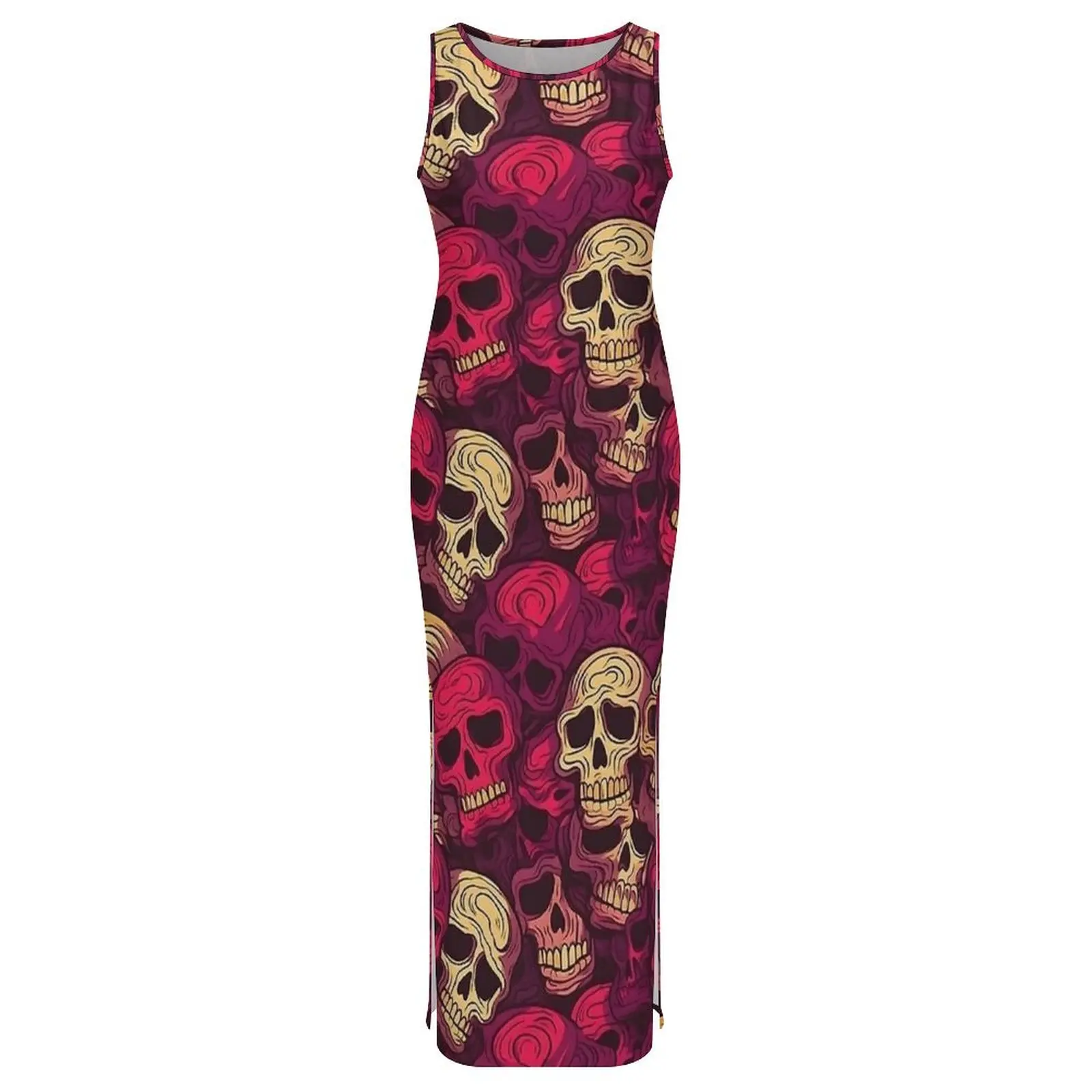 Ladies Bodycon Dress Vintage Halloween Maxi Dresses Spring Pink Skulls Sleeveless Street Style Custom DIY Dress Big Size 3XL 4XL