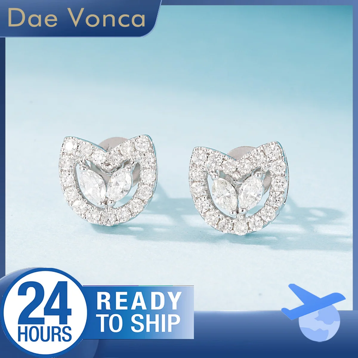 Marquise and Round Natural Diamond Earrings 18K White Gold Total 0.4ct Cat's Eye Shaped Natural Diamond Stud Earrings For Women
