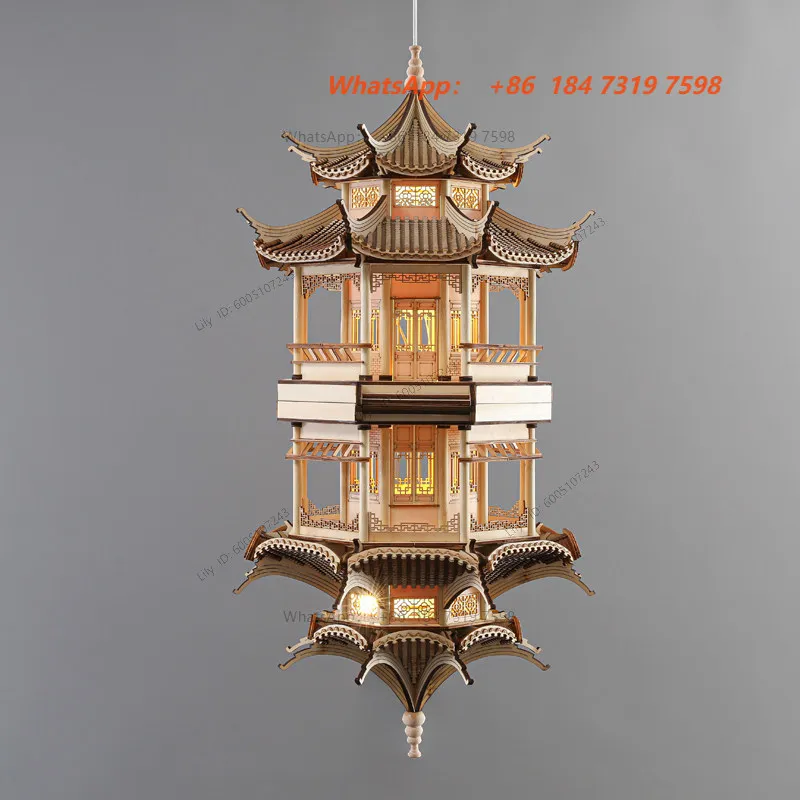 New Chinese-style solid wood ancient building octagonal pavilion decoration, reflection pendant