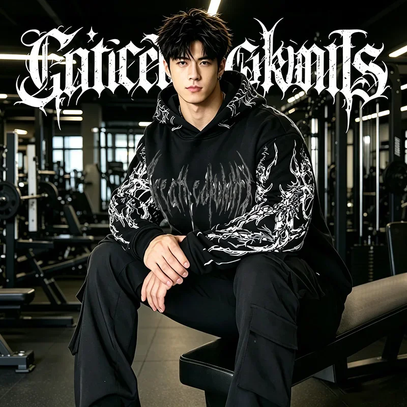 Herren Gothic Punk Hoodie mit Schriftzug-Print, Y2K Hip-Hop Streetwear Pullover, Dunkles Muster, Lässiger Kapuzenpullover mit Tasche – Detail 6